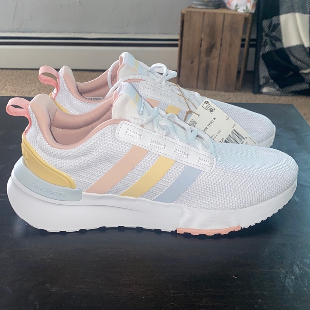 Girls white & pastel colored Adidas Kid racer TR 21 Sustainable Running Shoes.